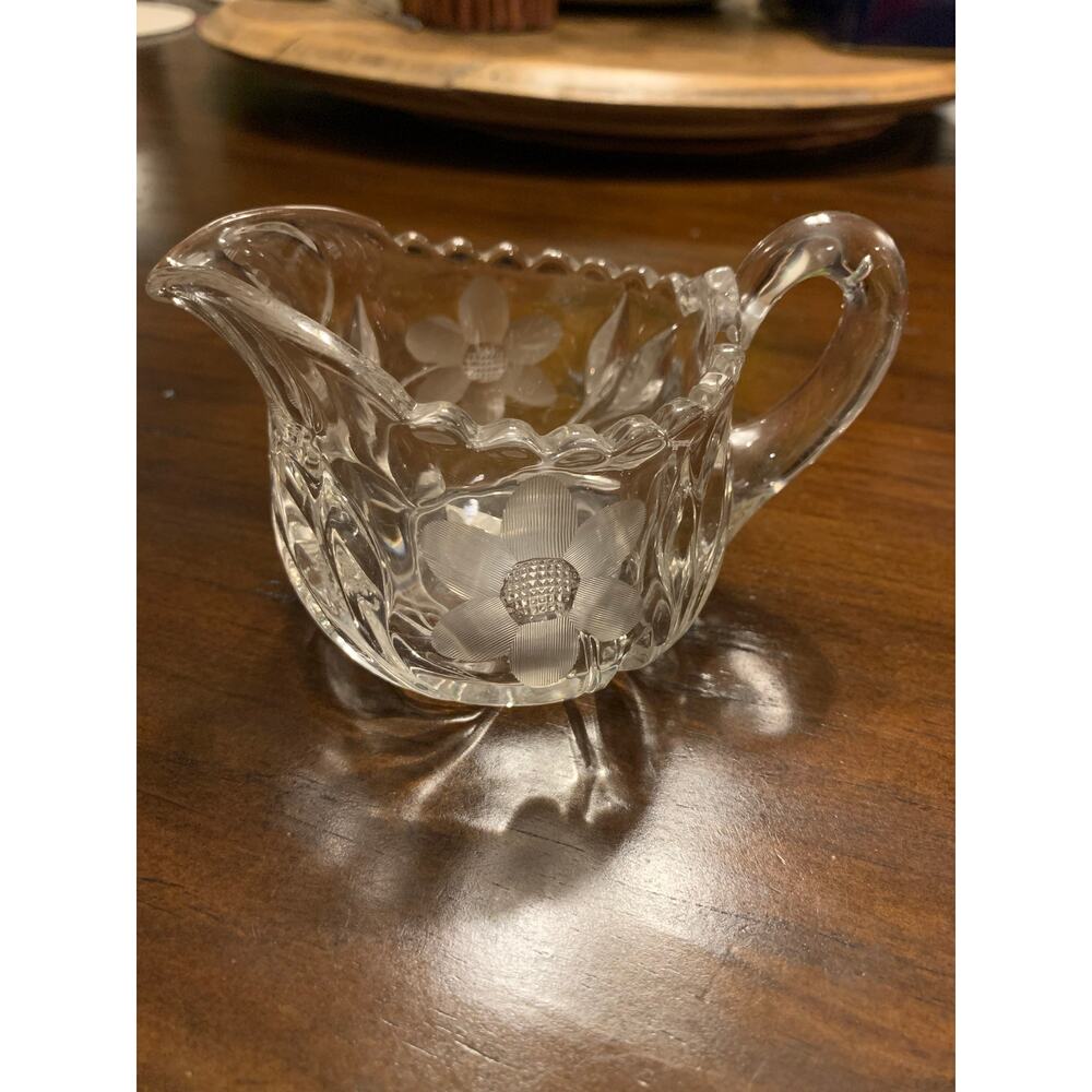 Pressed Cut Etched Sugar and Creamer Heavy Glass Set Mid Century Vintage